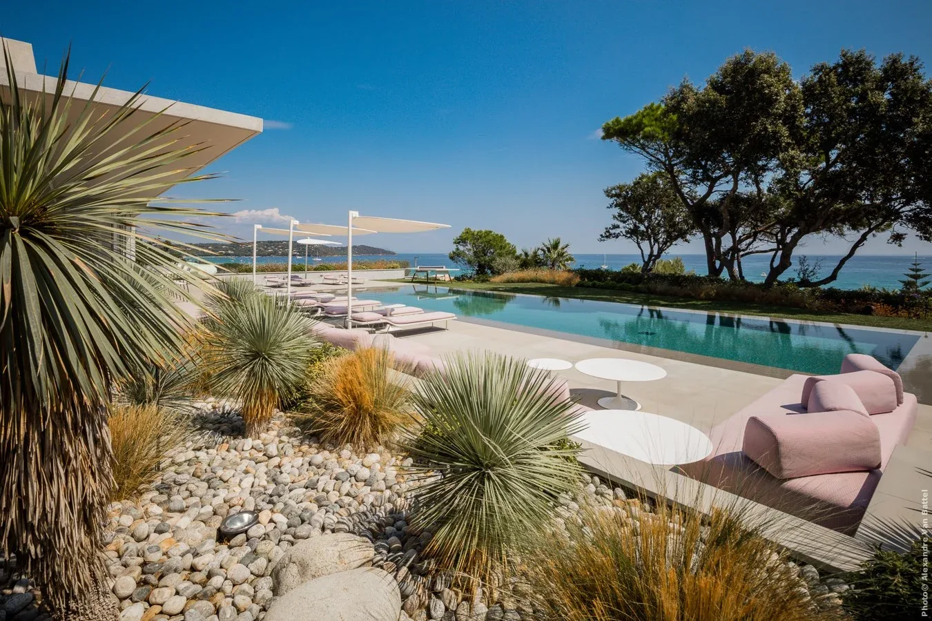 Piscine, yuccas et galets, vue baie