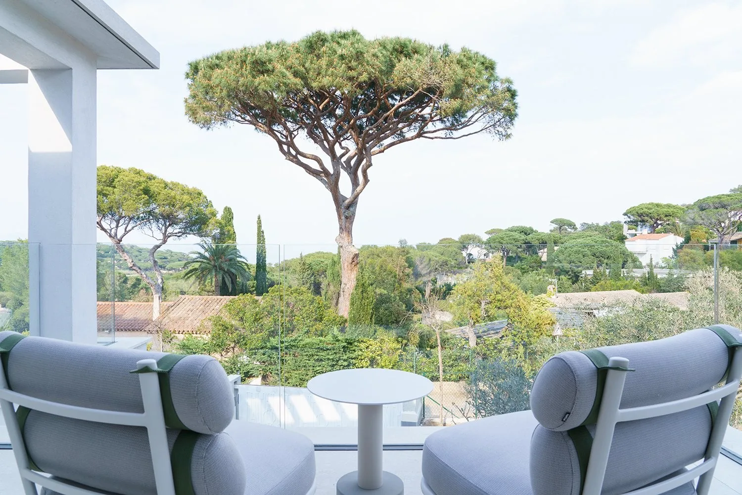 Terrasse fauteuils et table d'appoint vue pins centenaires