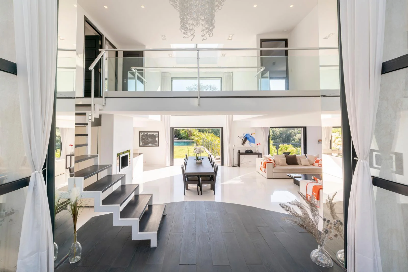 Living room, mezzanine and staircase