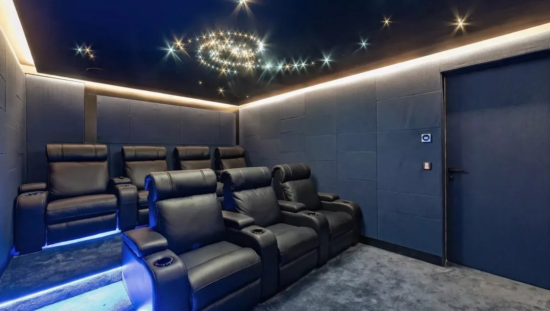 Salle de cinéma privée avec fauteuils en cuir reclinables et ciel étoilé