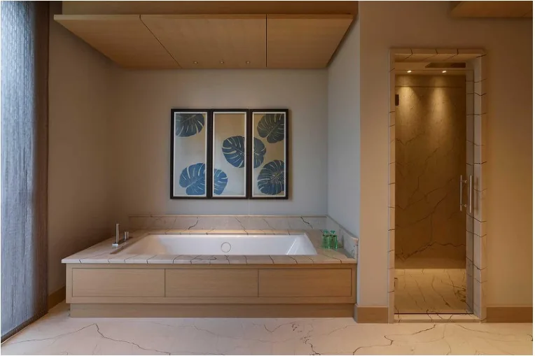 Salle de bain marbre avec baignoire et sauna intégré
